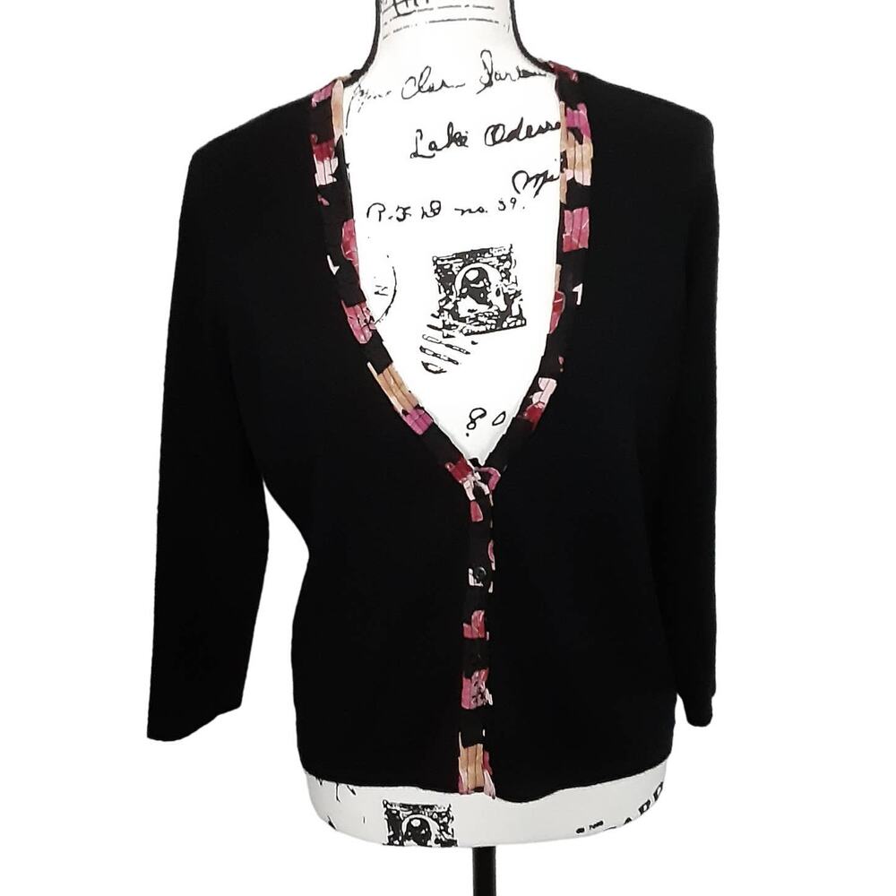 Sigrid Olsen 100% Cashmere Cardigan Sweater Tiny Button Black M Silk Coquette